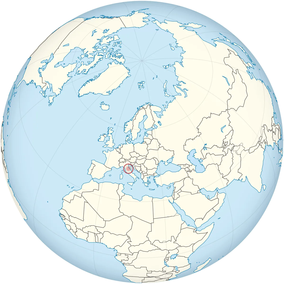 San Marino on the globe