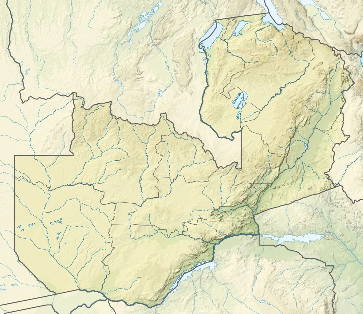 Relief map of Zambia — physical geography